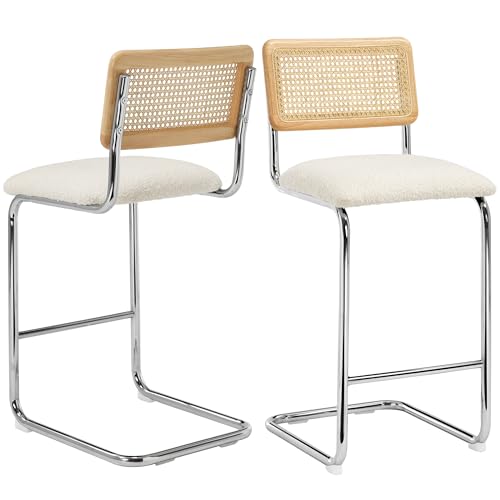 Image of ONEVOG Rattan Counter Height Bar Stools Set of 2, 26 inch Boucle Barstools with Natural Solid Wood Cane Back & Matte Black Metal Legs, Upholstered Counter Kitchen Island Chairs, Cantilevered Design, White