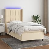 Homgoday Cama Box Spring colchón y Luces LED Tela Color Crema 90x190 cm Cama Box Spring con Colchón Viscoelástico Espuma Protector Muelles Ensacados Camas y somieres Crema Rayas Verticales