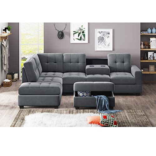 AUKUYEE 3 Piece Microfiber Sectional Sofa and Storage Ottoman L-Shape Couch Living Room Set, Reversible Chaise Lounge and Cup Holders, Gray - Thumbnail 5