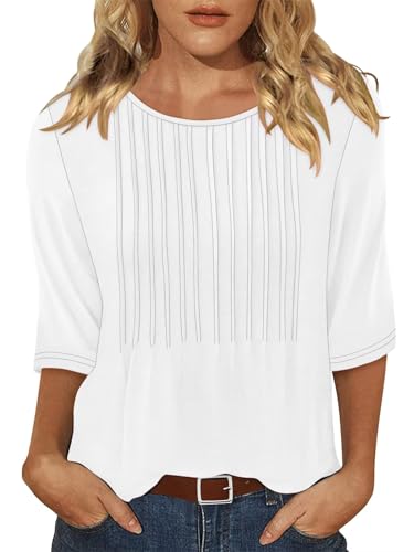 KISSMODA Tunic Tops for Women Loose Fit Dressy Round Neck Pleated 3/4 Length Sleeve Spring Tops