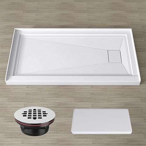 GETPRO Shower Pan Base 60 in. L x 32 in. W Right Drain Single Threshold Shower Pan With Non-Slip Textured Surface, White Acrylic Shower Floor Base for Bathroom with Drain and White Cover Included Cover