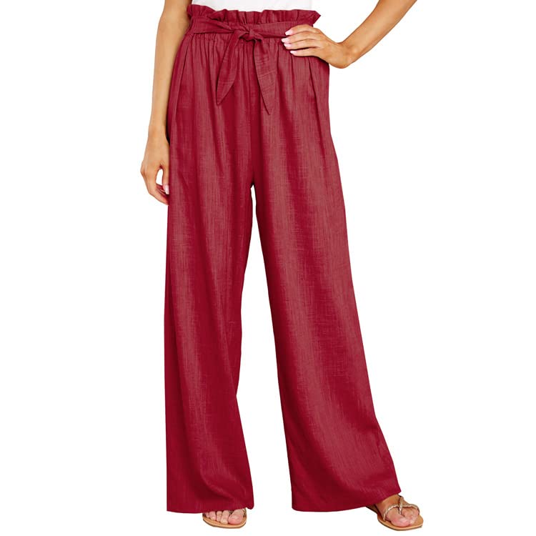 ebossy Womens Casual High Waist Ruffled Tied Summer Beach Pants Solid Wide Leg Full Length Long Pants