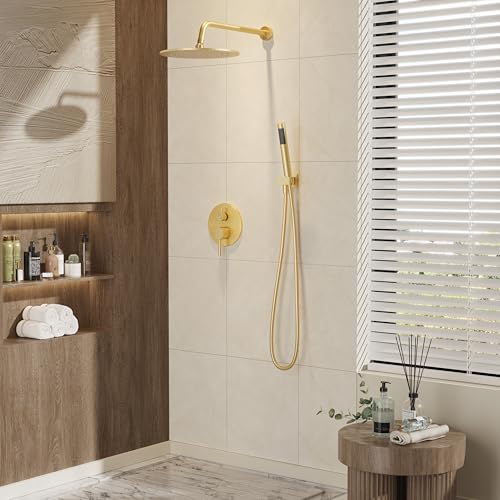 Image of Gabrylly Brushed Gold Shower System with Rough-in Valve, 10 Inch Wall Mounted High Pressure Rainfall Shower Head with Handheld Combo, Luxury All Metal Bathroom Shower Faucet Fixtures Complete Set
