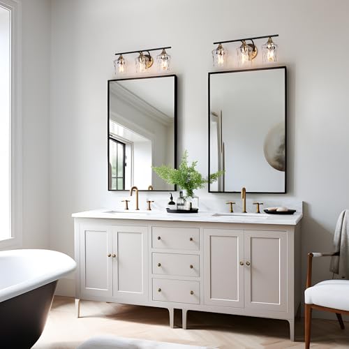Image of KSANA Black and Brass Vanity Light, Modern Black Gold Bathroom Light Fixtures with Water Textured Glass Shade, 3-Light Bathroom Lighting Over Mirror