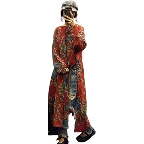LUZU JUNU Women's Printed Dress, Cotton Long Sleeved, Side high Slit Drawstring Loose Robe Dress (US, Alpha, One Size, Regular, Regular, Red Floral) Cover