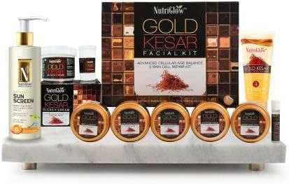 NutriGlow Gold Kesar Facial kit for Women(250gm+10ml) Face Wash (65ml) Bleach (43gm) & Anti Pollution Sunscreen SPF 50 (100ml) For Instant Glowing Skin, Hydrated Skin, Pack of 4