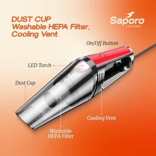 Image of SAPORO Eco Portable Car Vacuum Cleaner 120W, DC 12V Handheld Vacuum with 6000Pa Powerful Suction, HEPA Filter, LED Torch, 16ft Cord, Cleaning Accessories, Black