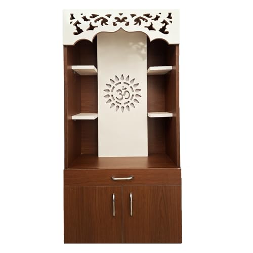 Image of Alpine Willow Premium Temple for Home (Pre-Assembled) Pooja Mandir Prayer with LED Light, Storage Display Cabinet I Corian Design I Devghar I Pooja mandir Big Size (Walnut & White, 130X60X35 CM)