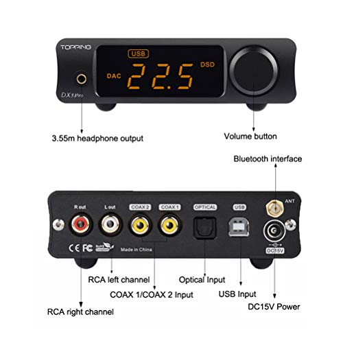 Topping DX3 Pro USB DAC Headphone Amplifier DSD512 32Bit/768kHz XMOS XU208 APTX Bluetooth Optical Coaxial Stereo Audio Amp Decoder (Black)