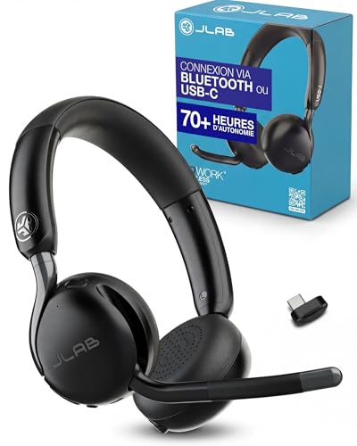 JLab Go Work 3 Casque Bluetooth sans Fil avec Micro - 70h d'Autonomie, RéDuction de Bruit ENC, Multipoint, Dongle USB-C, Micro Casque PC Confortable pour Bureau et TéLéTravail