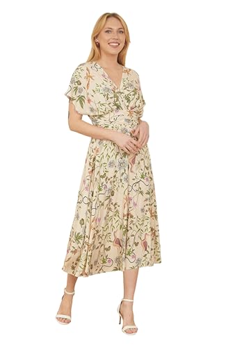 Image of Yumi Ivory Bird and Floral Print Ruched Waist Kimono Midi Dress (UK, Numeric, 10, Regular, Regular, White)