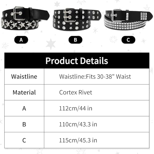Black Studded Belt, 3 Pcs Y2K Belt Star Goth EMO Punk Rock Double Grommet with Bright Pyramid Studded for Women Men2