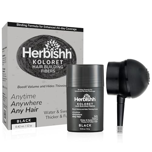Herbishh Koloret Hair Building Fibers – Black Powder for Thinning Hair, Instant Bald Spot Cover Up & Scalp Concealer – Sweat-Proof & Water-Resistant Hair Thickening Fibers for Men & Women, 12g