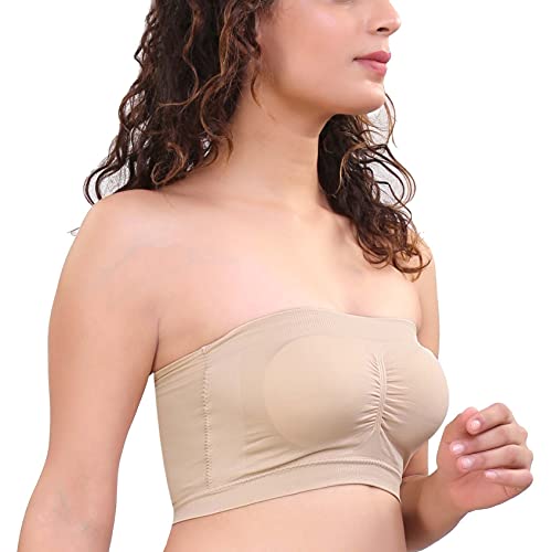 Image of GLAMORAS Women's Nylon Spandex Tube Bra Padded Wire Free Seamless Stretchable Strapless Bandeau Bralette Bras Free Size, White, Beige & Black