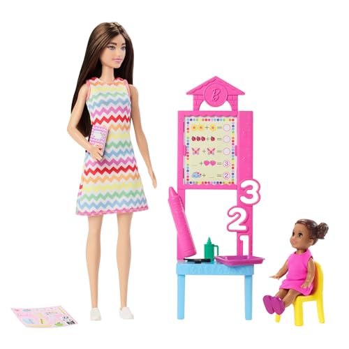 Barbie Maestra Muñeca de Moda Morena con un Vestido Estampado, una muñeca de niña y Accesorios de enseñanza, JCR76
