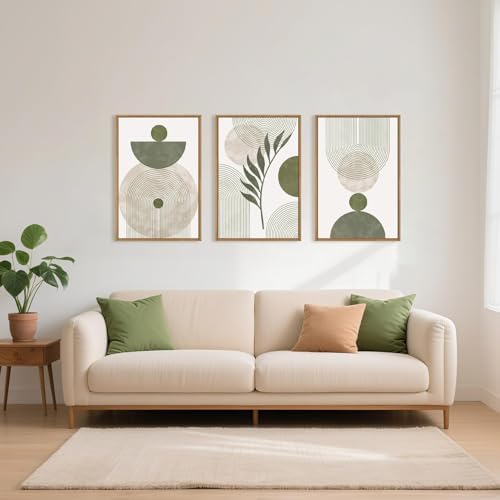 Ausril Large Sage Green Boho Wall Art,Botanical Framed Canvas Wall Art Set,Abstract Minimalist Beige and Green Wall Decor,Modern Geometric Leaf Line Boho Artwork for Living Room,Bedroom,Office 16 x24'' x3 - 1