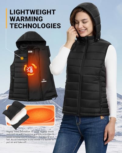 Outdoor Ventures Damen Steppweste mit Kapuze Packbare Übergangswesten Gefütterte Hybrid Sportweste Frau Warme Fahrradweste mit Stehkragen für Wandern Camping Schwarz M