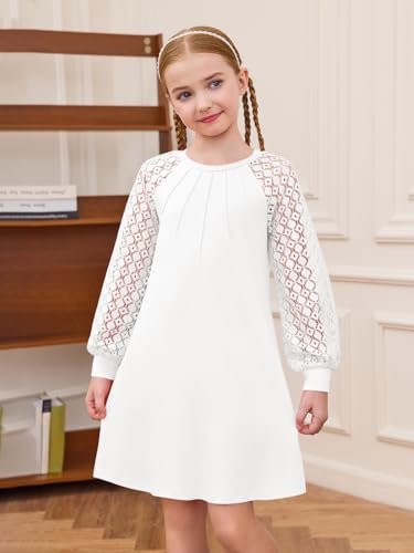 Haloumoning Girls Contrast Lace Long Sleeve Dress Kids Casual Pleated A Line Short Dresses with Pockets 5-14 Years2