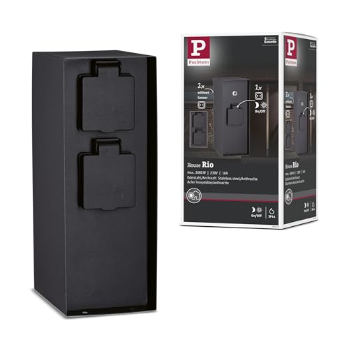 Paulmann 94315 Outdoor Steckdosensäule RIO 3 fach max. 3,650 Watt Dämmerungsschalter Außenbeleuchtung Anthrazit Gartenbeleuchtung Edelstahl Steuerung