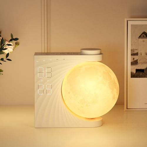 INSSISAIN Reloj despertador y máquina de sonido con luz de luna, alarma dual, 10 sonidos de la naturaleza, 8 colores