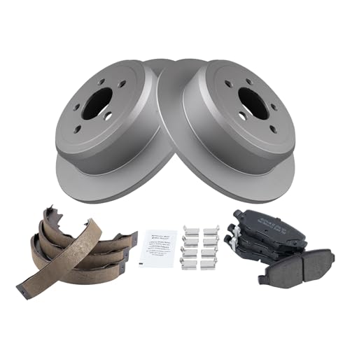 Image of TRQ Rear Brake Pad and Rotor Set Semi Metallic G Coated Rotors Parking Brake Shoe Compatible with 2007-2011 Dodge Nitro 2008-2012 Jeep Liberty