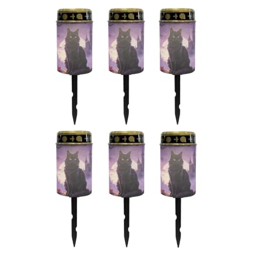 Image of Poceacles Solar Lights Outdoor Waterproof Cemetery Solar Outdoor Candle Grave Decoration Votive Candles Blessed Lights for Loss of Loves One, Black Cat Maple Leaf Bat Print Violet, Pack of 6