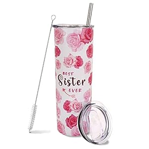 Sister Tumbler-Sisters Gift from Sister,Pink Cute Floral Tumbler with Lid and Straw,Sister Birthday Gifts from Sister,best sister ever gifts,Travel Iced Coffee Cup Mug 20 oz Tumbler
