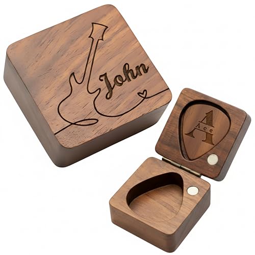 Lunea Personalised Wooden Guitar Picks with Box Custom Engraved Guitar Pick Holder Box Unique Gift for Guitar Players Fathers Day Christmas & Birthdays