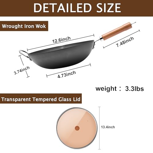 WANGYUANJI Iron Wok,12.59\" Woks for Stir-fry,Chinese Stir Fry Pan Uncoated,Traditional Flat Bottom Iron Pot for Induction, Electric, Gas, Suitable for All Stoves(Pure Iron Wok) - Thumbnail 7