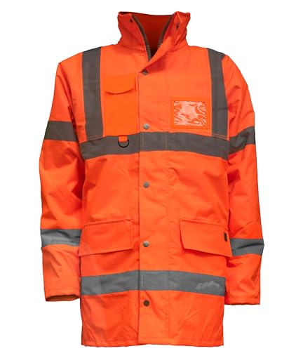 Mega_Jumble Professional Hi Vis Parka Jacket, High Visibility Safety Security Workwear Reflective Jacket, Hi Viz Waterproof Outdoor Work Coat (UK, Alpha, S, Regular, Regular, Orange)