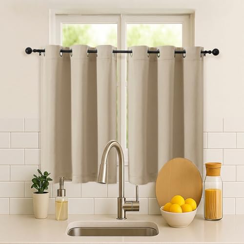 Image of Simplebrand Biscotti Beige Short Cafe Curtains 36 Inch Length 2 Panels Set, Half Window Privacy Drape Tiers for Kitchen, Thermal Insulated Room Darkening Curtains for Bathroom Shades, W40 x L36