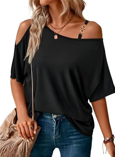 LEIYEE Womens Summer Black Cold Off Shoulder Tops 2025 Sexy Casual Cute Short Sleeve Loose Fit T Shirts Blouse