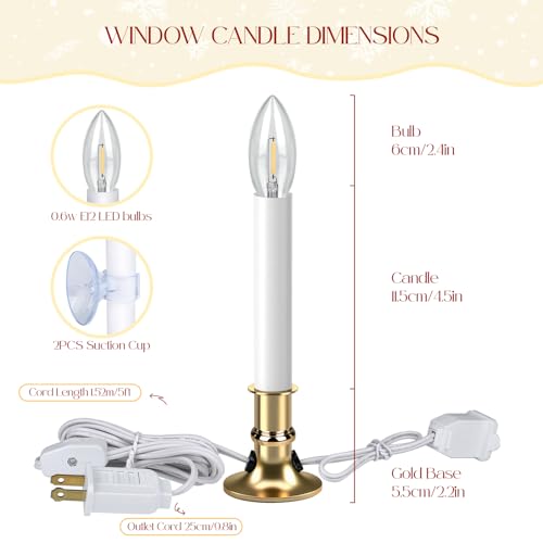 2 Pack Christmas Electric Window Candle Lights with Gold Base Outlet, 6FT Window Candle Lights Cord with 0.6W C26 Clear Bulb On/Off Switch Plug-in 2 Suction Cups for Christmas Window Home Decoration by HUAZHQING - Used condition - Image 3