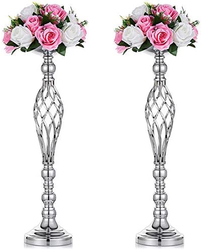 Set of 2 Versatile Silver Flower Arrangement Stand & Pillar Candle Holder Set for Wedding Party Dinner Centerpiece Event Restaurant Hotel Decoration (Silver Twist Style, 2 x L)