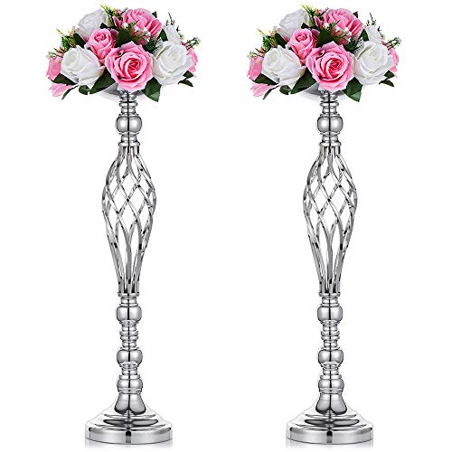Set Of 2 Versatile Silver Flower Arrangement Stand & Pillar Candle Holder Set For Wedding Party Dinner Centerpiece Event Restaurant Hotel Decoration (Silver Twist Style, 2 X L) #TOP16