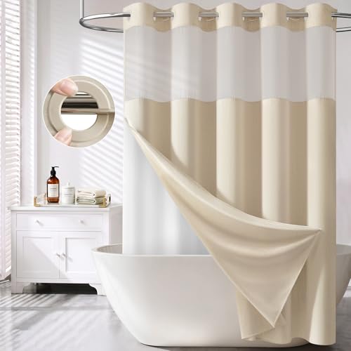 BTTN Ringless Shower Curtain Set Linen Textured Fabric Shower Curtain with Snap-in Liner Waterproof & Washable Modern Hotel Shower Curtain for Bathroom with Mesh Top Window 72x75 Beige/Cream