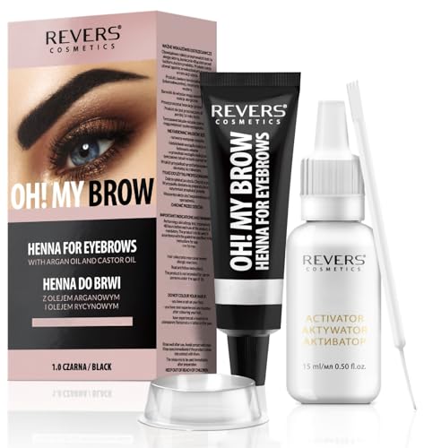 REVERS COSMETICS Tinte Cejas Negro con Aceite de Argán y Aceite de Ricino (Omega 6, Carotenos, Vitaminas A, E, F), Resultado Natural, Efecto Larga Duración de 4 Semanas, Hasta 15 Aplicaciones
