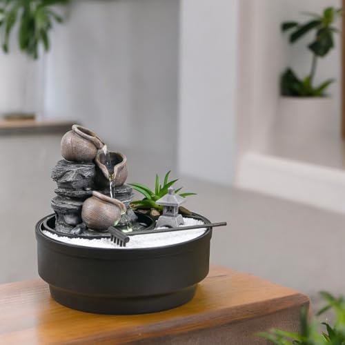 Zimmerbrunnen für den Garten, Zen, Wasserfall, Glas, buntes LED-Licht, Dekoration für entspannte Atmosphäre, Garten, Zen weißer Sand, Tischbrunnen, geschlossener Kreislauf, H21 cm – Oasis Zen'Light