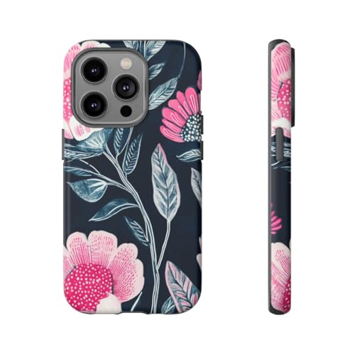 Coque iPhone 14 Pro fleurie rose et bleu foncé - Protection rigide mate élégante