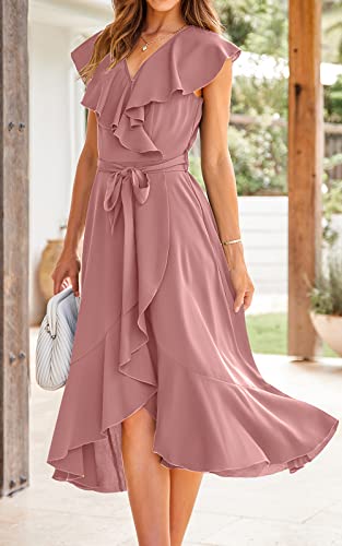Prettygarden Women's Summer V Neck Ruffle Wrap Tie Maxi Dress Solid Color Flutter Sleeve Holiday Dresses For Women 2023 (Pink,Medium) #TOP4