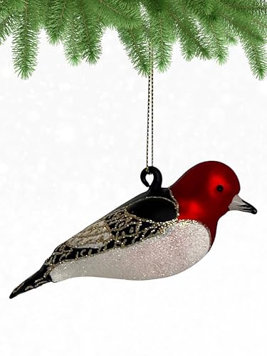 Cobane Studio Red Headed Woodpecker Ornament - Hand-Blown Glass Bird Ornament - Hand-Painted Christmas Tree Decoration - Home Decor Gift for Bird Lovers