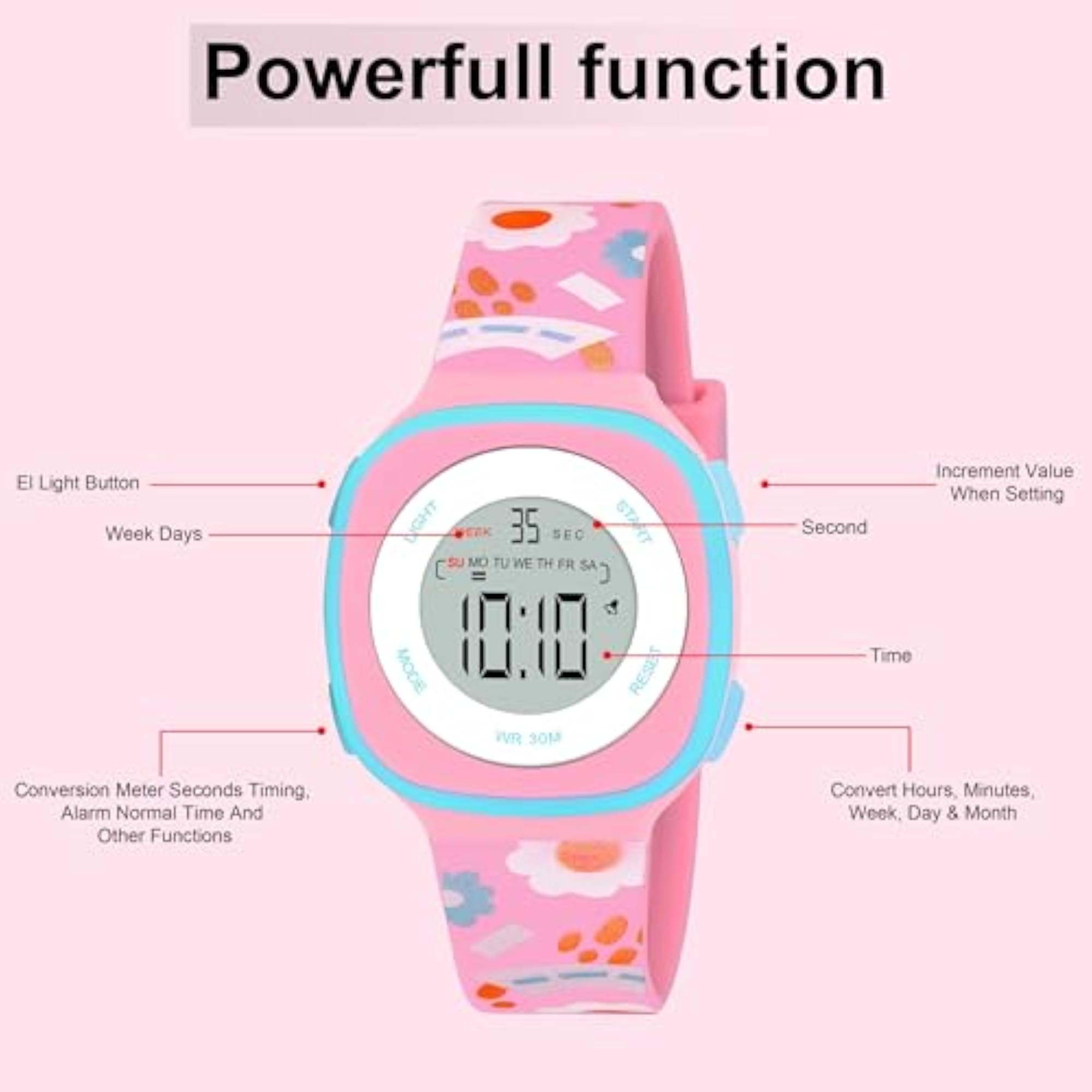 Pink Multifunctional Digital Watch for Girls