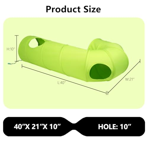 Image of Cat Tunnel, 2-Way Collapsible Cat Tube with Interactive Peek-A-Boo Hole, Toy Ball, and Rope - Ideal for Indoor Cats, Kittens, and Rabbits (Green)