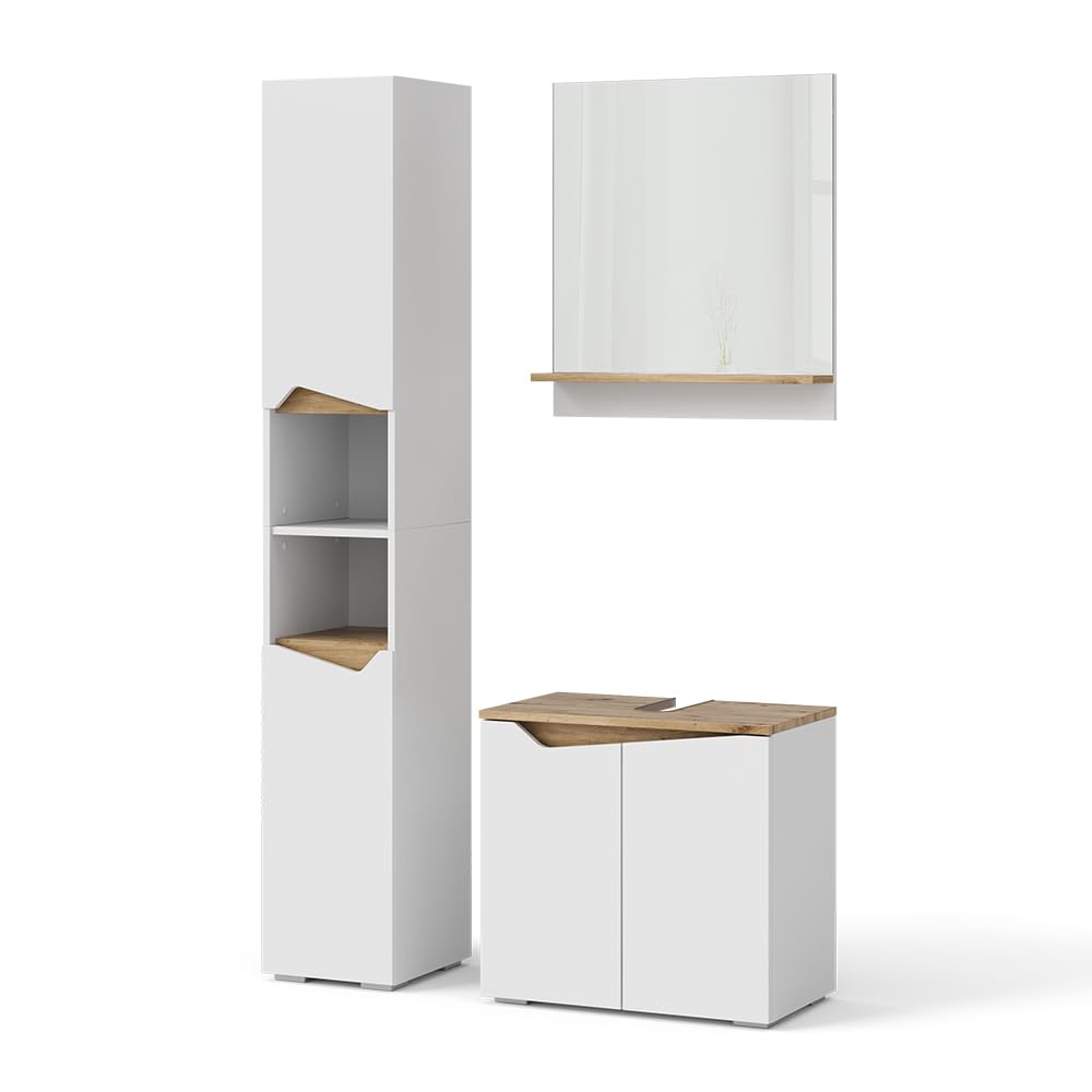 Vicco Meubles Bain Marelle, Blanc, 60 cm, composé d’Un Meuble sous-lavabo, d’Une Armoire Miroir et d’Une Colonne de Rangement