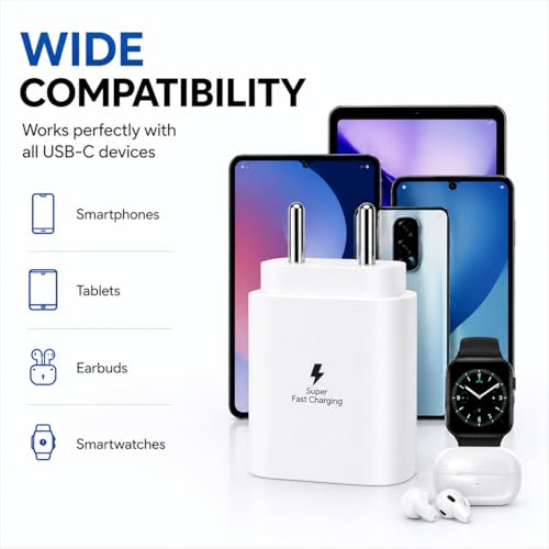 Image of Samsung 25W Type-C PD Super-Fast Charger Wall Adapter, Compatible with Galaxy M17e /M17 /F70e, M56 /F17 /A17 /A57 /A37 /A07 /M07 /F07 /A36 /A16 /A06 /M06 /M36 /M16 /M05 /M15 /M55 /M35 /F36 /F56 /F06 /F16 /F15 /F05 /5G, White