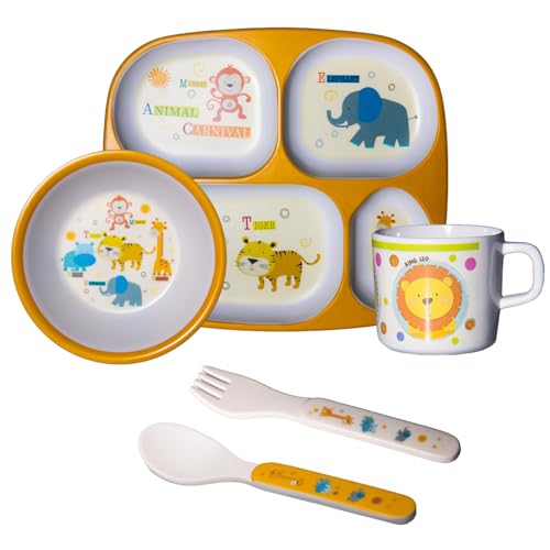5-Piece Kids Melamine Dinnerware Set – Plate, Bowl, Cup, Fork & Spoon – BPA-Free, Durable & Lightweight Cartoon Set for Toddlers (Little Animal Party)