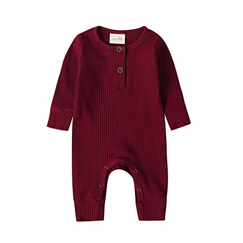 Newborn Baby Girls Boys Long Sleeve Romper Bodysuit Solid Color Jumpsuit with Bottons Outfit Clothes (Purplish red, 6-9 Months)