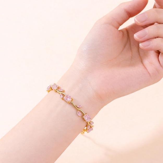 Image of Golden Baby Pink Tulip Bracelet for Women Stylish | Anti Tarnish Jewellery for Women, Hand Wristlet for Girls | Aesthetic Accessories for Girls, Valentine's Gift for Girlfriend