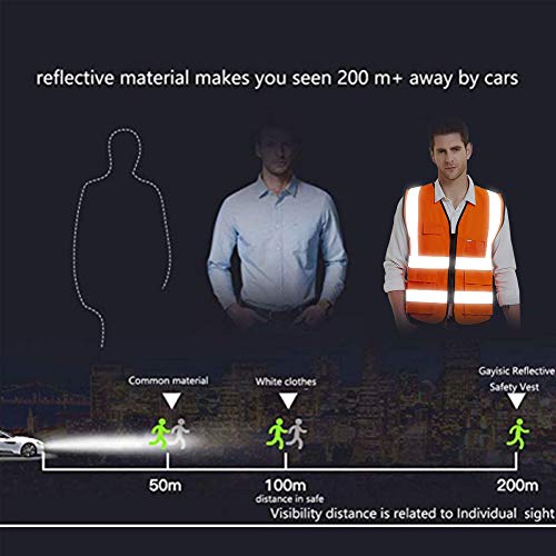 Gayisic Reflective Safety Vest, High Visibility, Bright Neon Color Construction Protector with Reflective Strips with Five Pockets (L, Orange) - Thumbnail 3