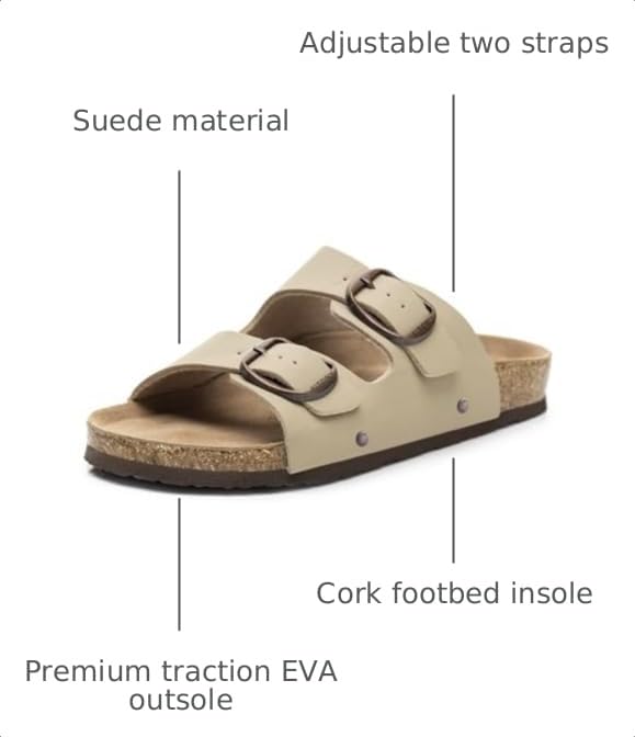 Image of FITORY Womens Flat Sandals with Cork Footbed, Open Toe Arch Support Slides Adjustable Slip On Slippers for Summer 2026 Size 6-11